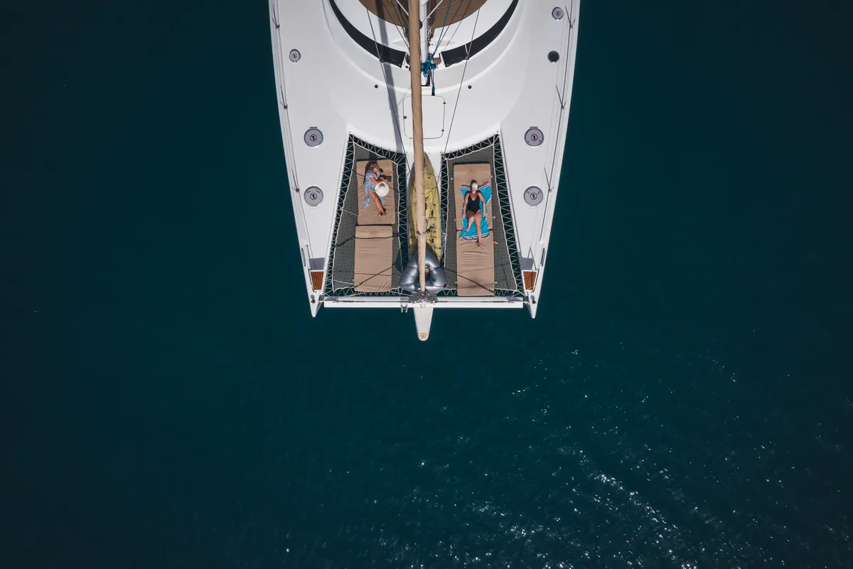 Deck of Zorba CAT Cabin 1, a Fountaine Pajot Eleuthera 60 catamaran at Aegina, Greece