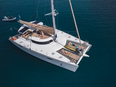 Deck of Zorba CAT Cabin 1, a Fountaine Pajot Eleuthera 60 catamaran at Aegina, Greece