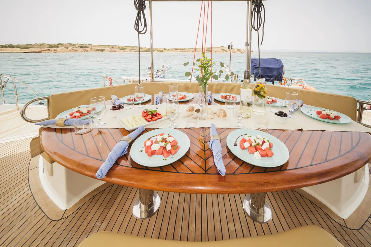 Deck of Zorba CAT Cabin 1, a Fountaine Pajot Eleuthera 60 catamaran at Aegina, Greece