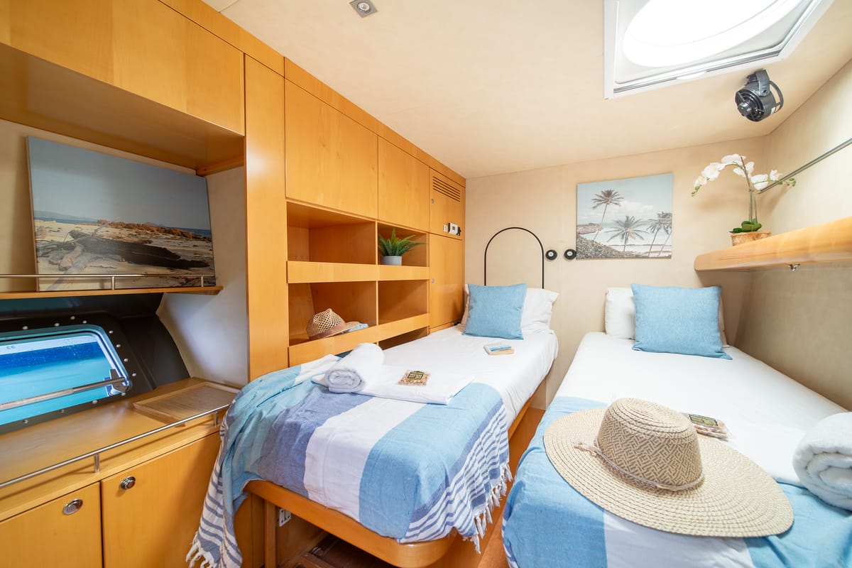 Cabin on Zorba CAT Cabin 1, a Fountaine Pajot Eleuthera 60 catamaran at Aegina, Greece