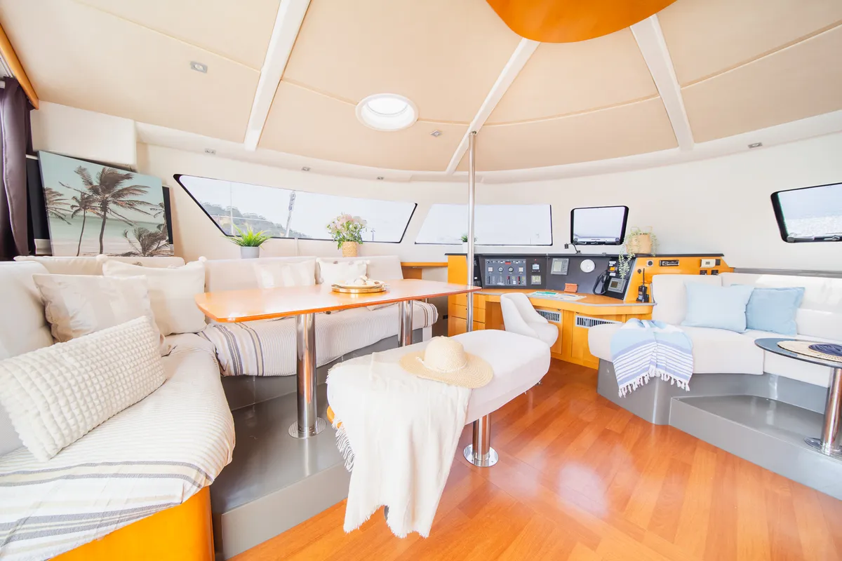 Salon of Zorba CAT Cabin 1, a Fountaine Pajot Eleuthera 60 catamaran at Aegina, Greece