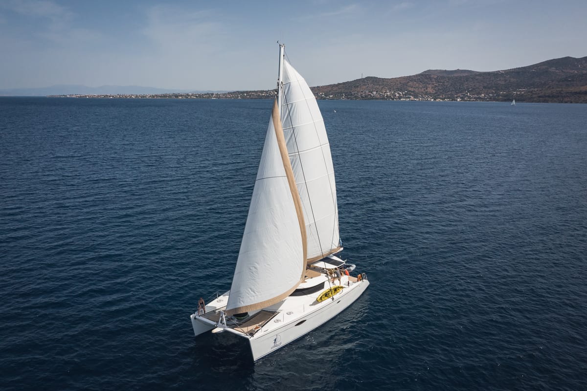 Exterior view of Zorba CAT Cabin 1, a Fountaine Pajot Eleuthera 60 catamaran at Aegina, Greece