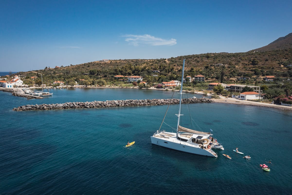 Exterior view of Zorba CAT Cabin 1, a Fountaine Pajot Eleuthera 60 catamaran at Aegina, Greece