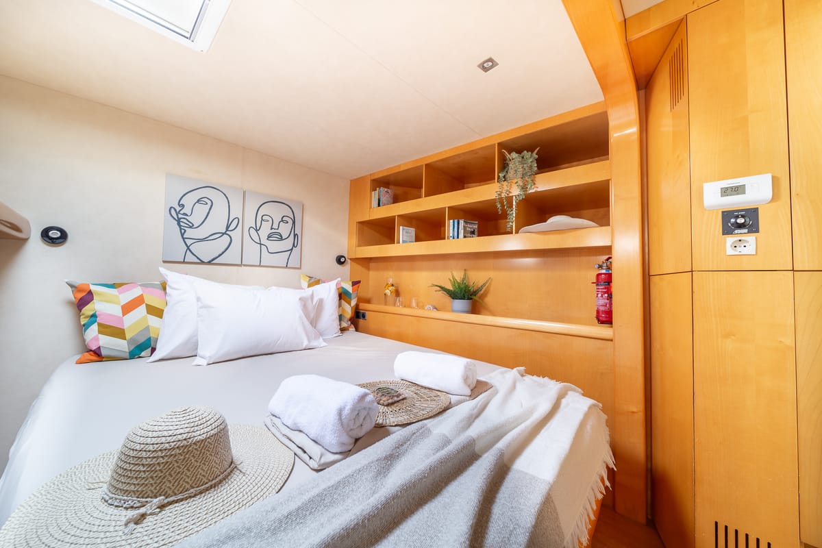Cabin on Zorba CAT Cabin 1, a Fountaine Pajot Eleuthera 60 catamaran at Aegina, Greece