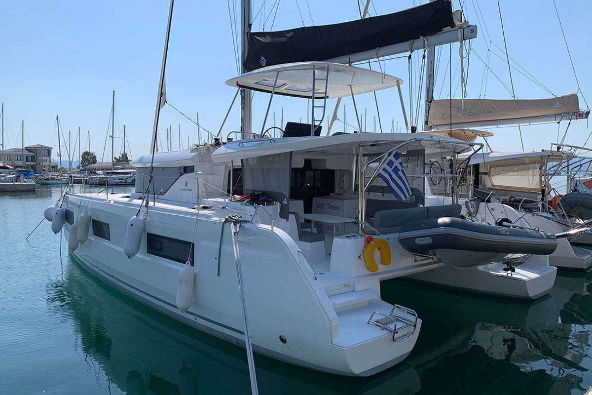 Exterior view of Aurora, a Lagoon 46 catamaran at Municipal Unit of Anaktorio, Greece