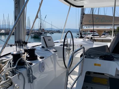 Cockpit of Aurora, a Lagoon 46 catamaran at Municipal Unit of Anaktorio, Greece