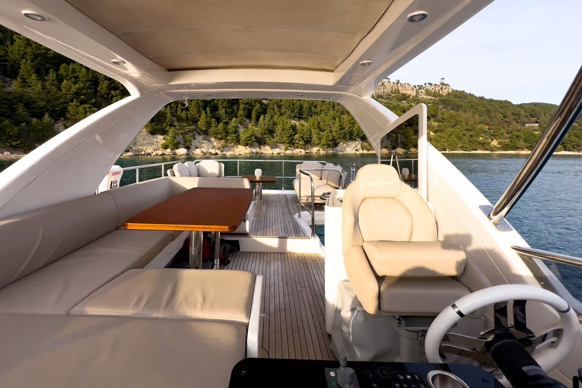 Cockpit of Be Happy, a Azimut 55 Fly yacht at Grad Kaštela, Croatia