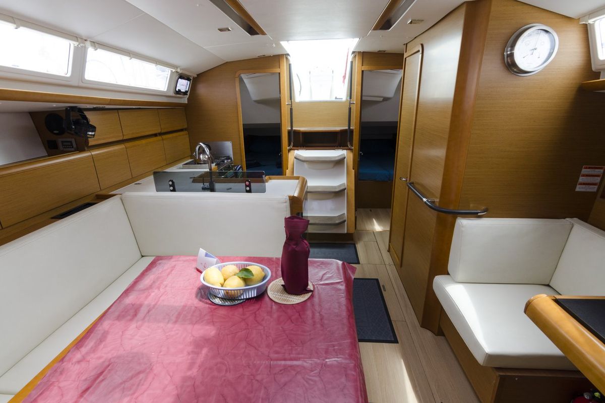 Salon of Cecile, a Jeanneau Sun Odyssey 409 sailboat at Procida, Italy