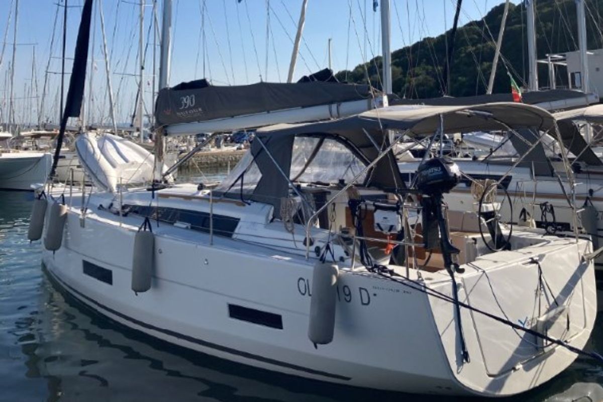 Exterior view of Pixie, a Dufour 390 sailboat at Olbia, Italy