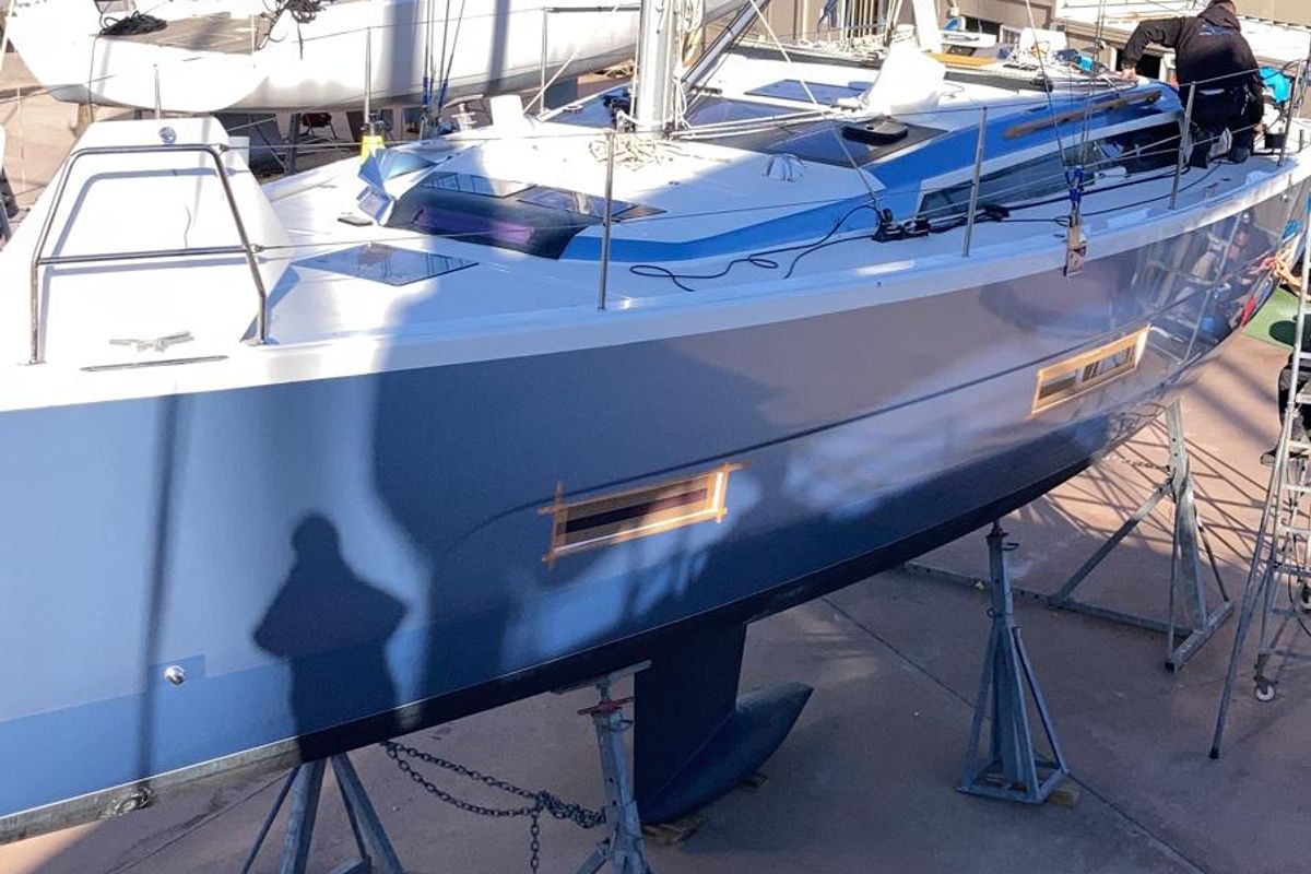 Exterior view of Pixie, a Dufour 390 sailboat at Olbia, Italy