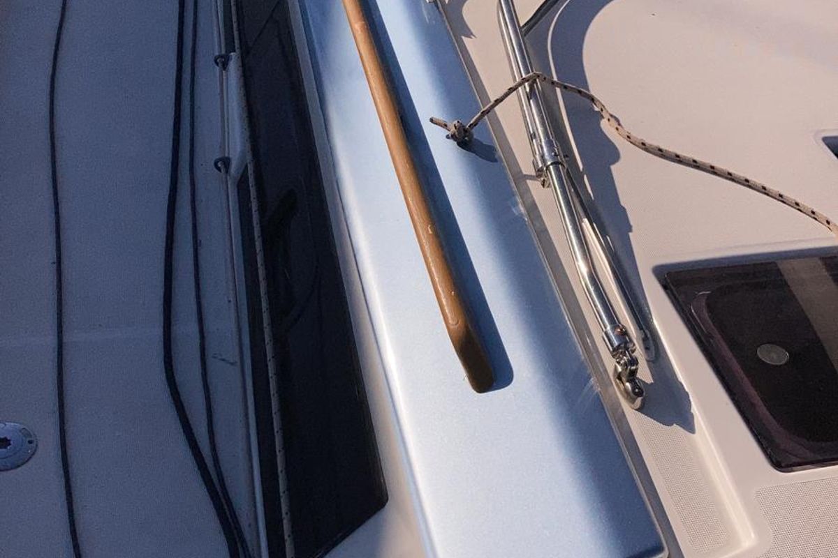 Deck of Pixie, a Dufour 390 sailboat at Olbia, Italy