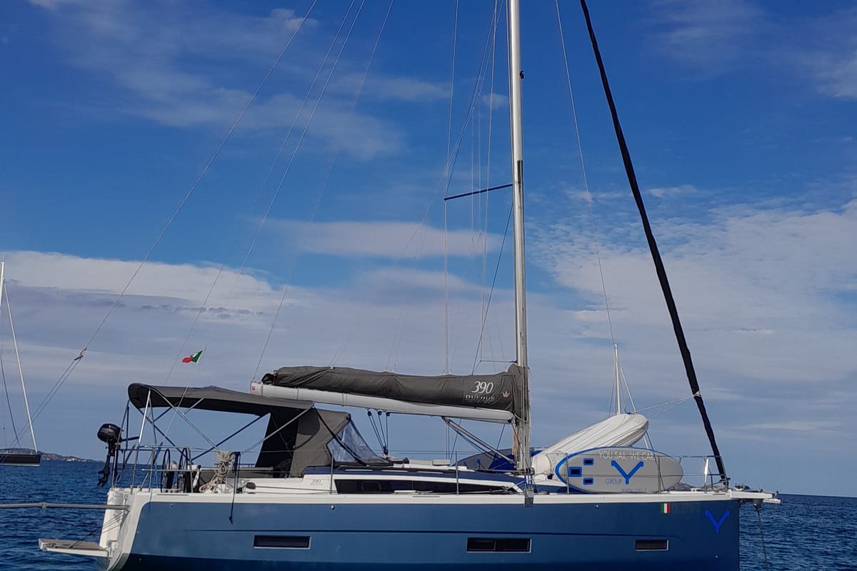 Exterior view of Pixie, a Dufour 390 sailboat at Olbia, Italy
