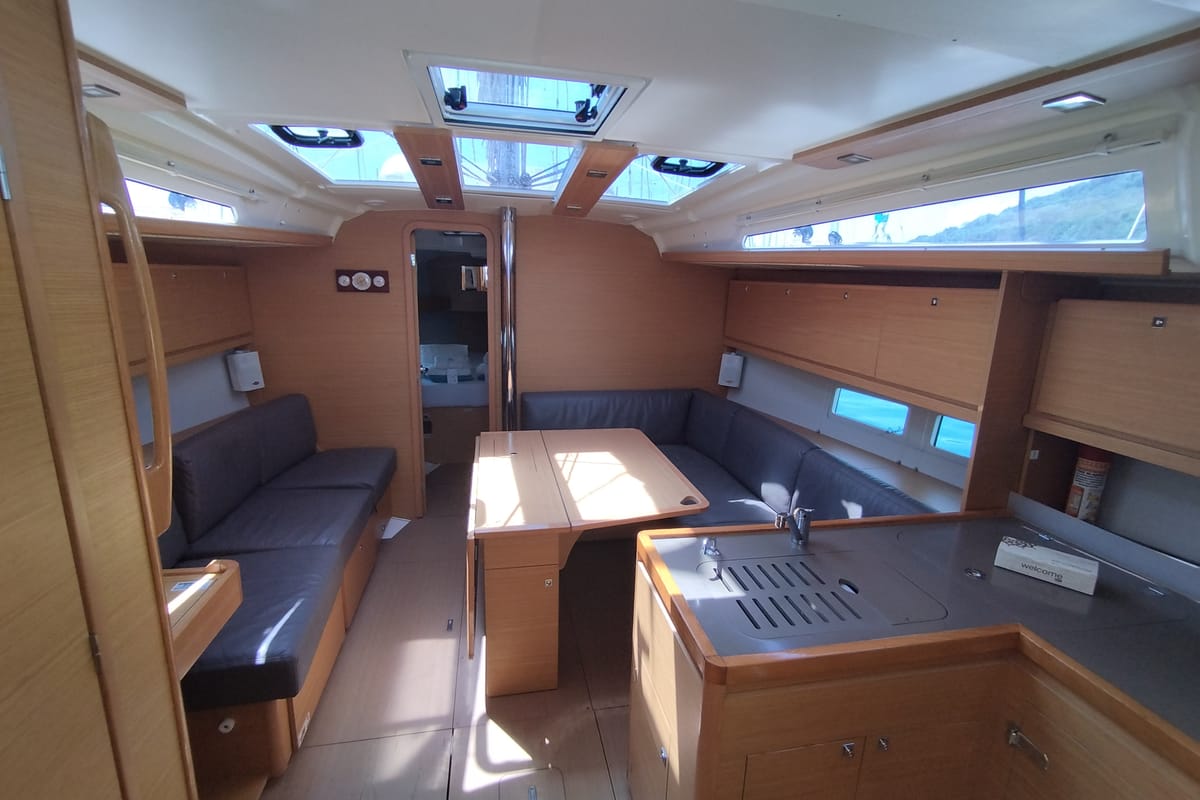 Salon of Pixie, a Dufour 390 sailboat at Olbia, Italy