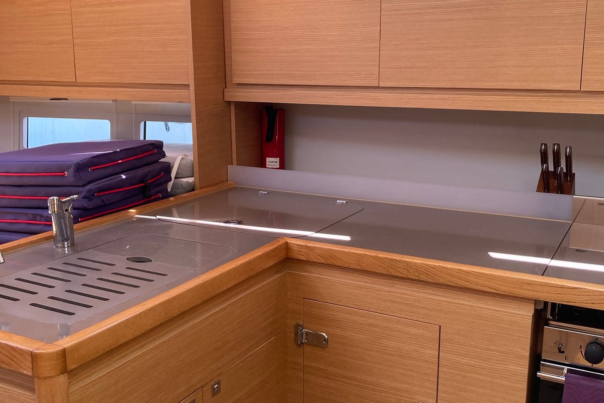 Galley of Pixie, a Dufour 390 sailboat at Olbia, Italy