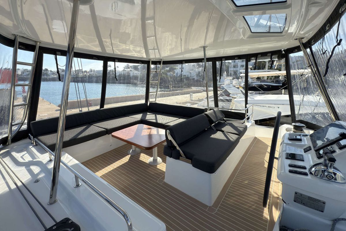 Deck of Selanja, a Lagoon 51 OW catamaran at Palma de Mallorca, Spain