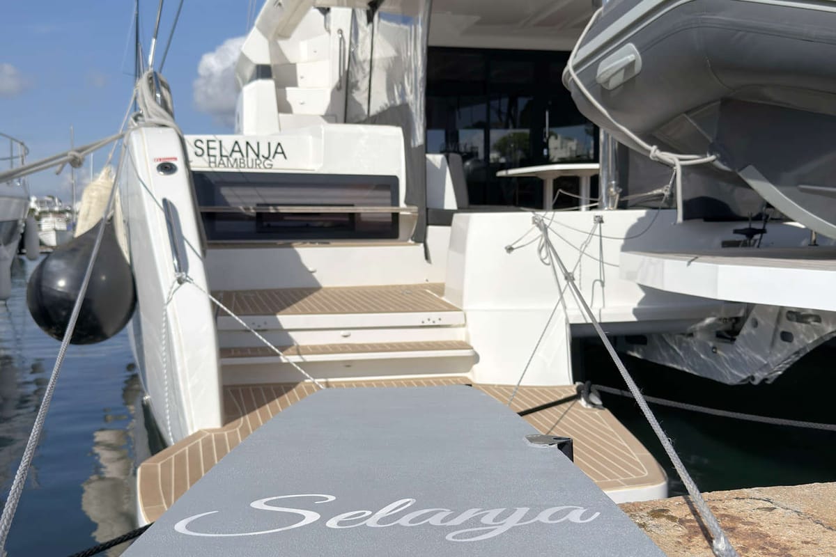 Deck of Selanja, a Lagoon 51 OW catamaran at Palma de Mallorca, Spain