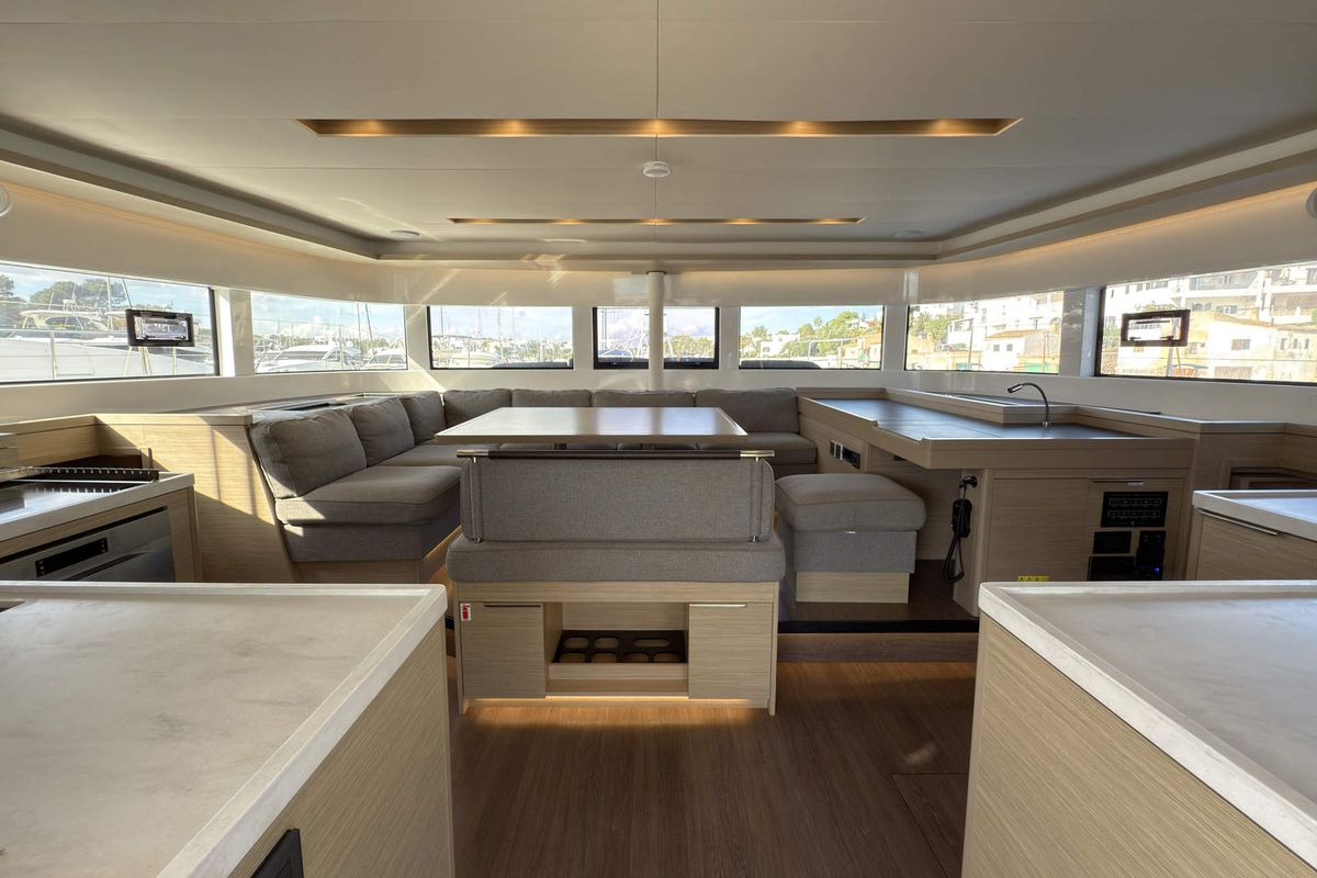 Salon of Selanja, a Lagoon 51 OW catamaran at Palma de Mallorca, Spain