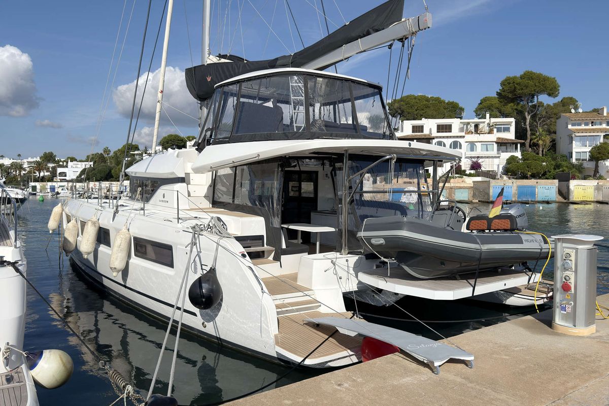 Exterior view of Selanja, a Lagoon 51 OW catamaran at Palma de Mallorca, Spain