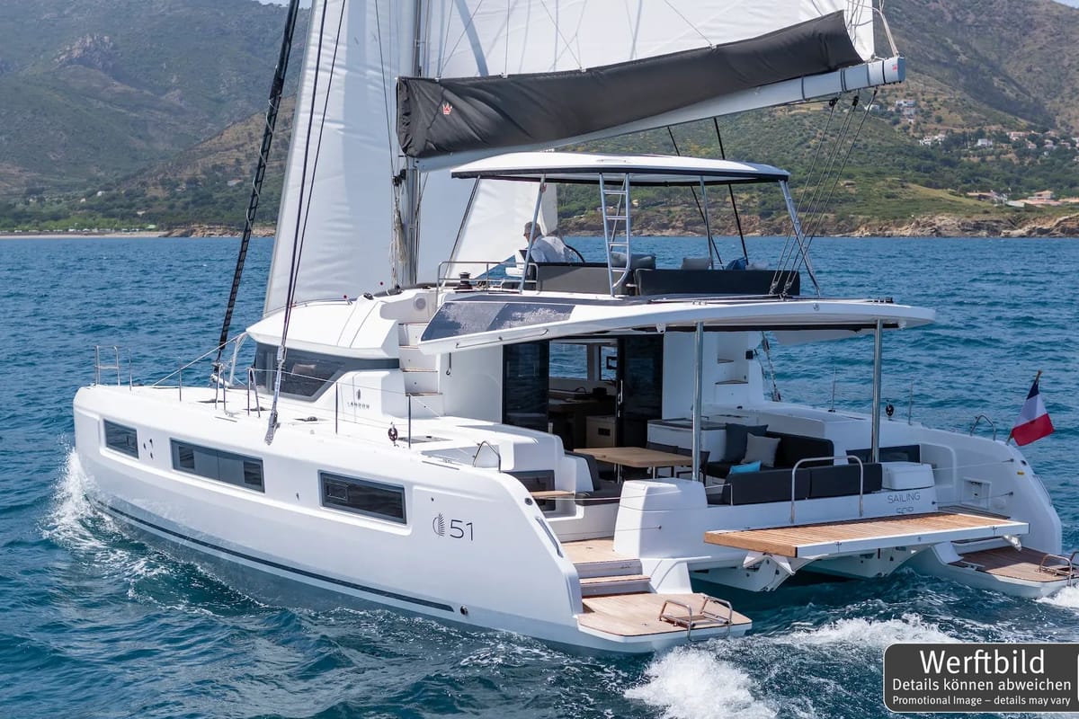 Exterior view of Selanja, a Lagoon 51 OW catamaran at Palma de Mallorca, Spain
