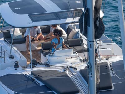 Cockpit of Selanja, a Lagoon 51 OW catamaran at Palma de Mallorca, Spain