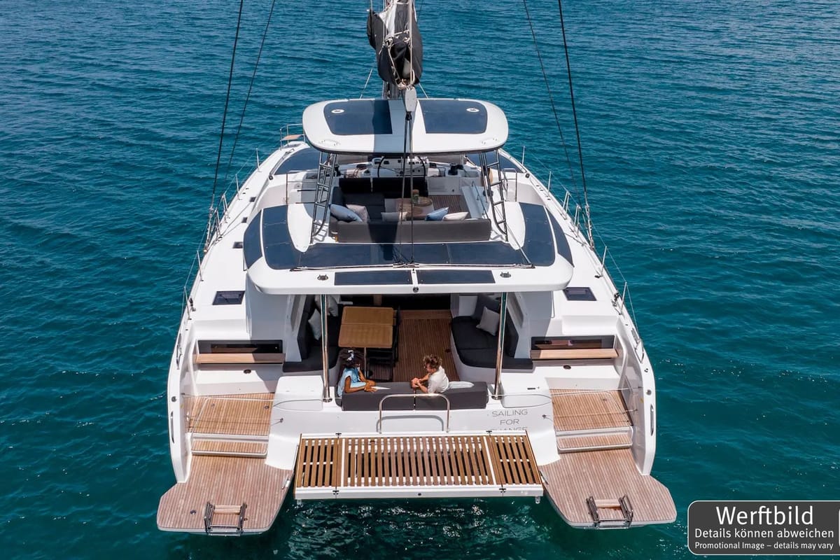 Exterior view of Selanja, a Lagoon 51 OW catamaran at Palma de Mallorca, Spain