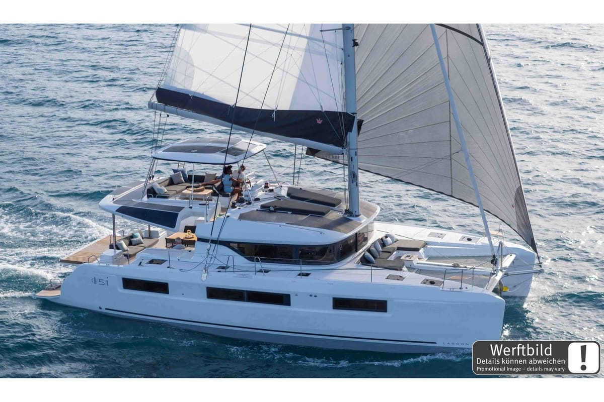 Exterior view of Selanja, a Lagoon 51 OW catamaran at Palma de Mallorca, Spain