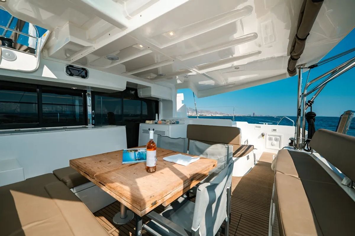 Deck of Mary Grace II, a Lagoon 46 catamaran at Athens, Greece