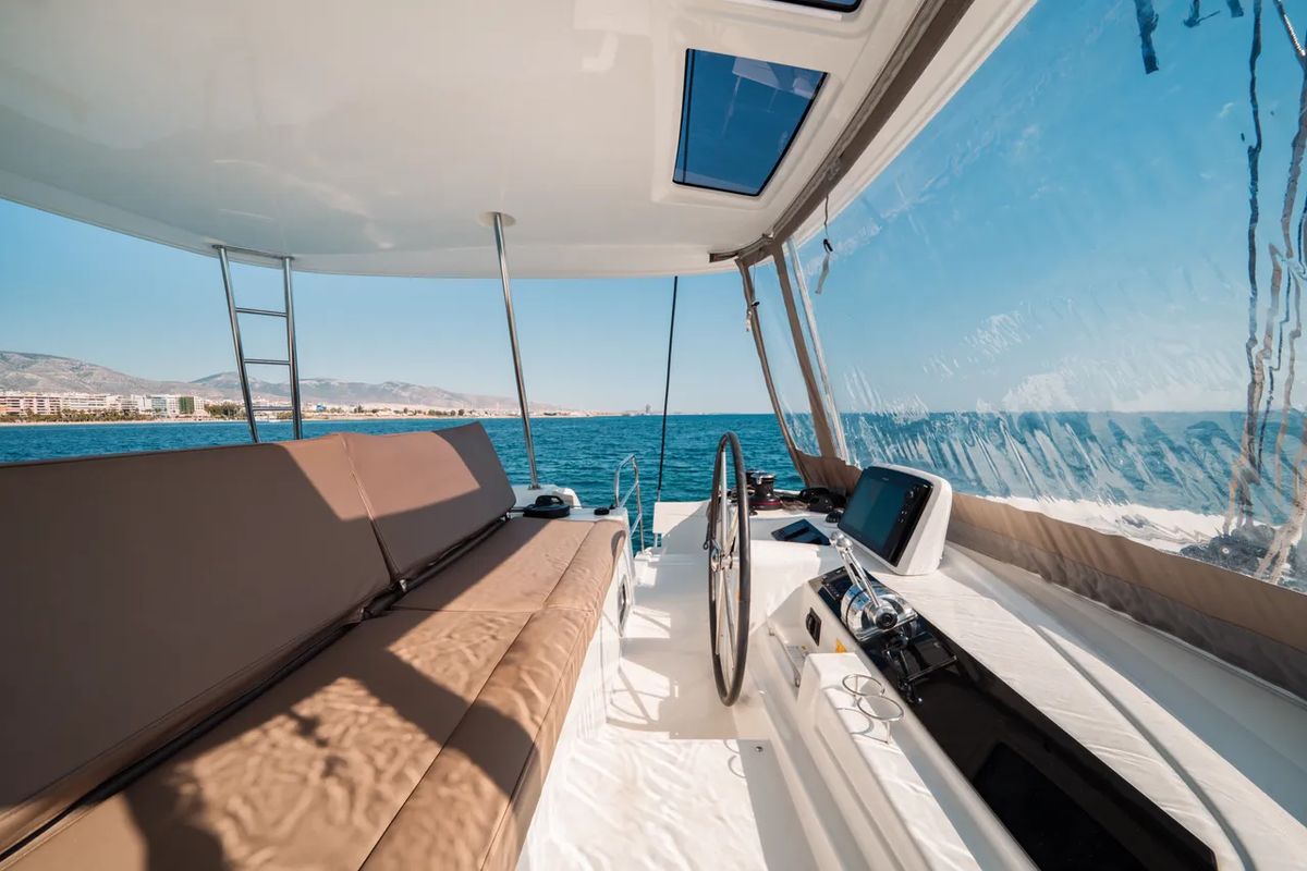 Cockpit of Mary Grace II, a Lagoon 46 catamaran at Athens, Greece