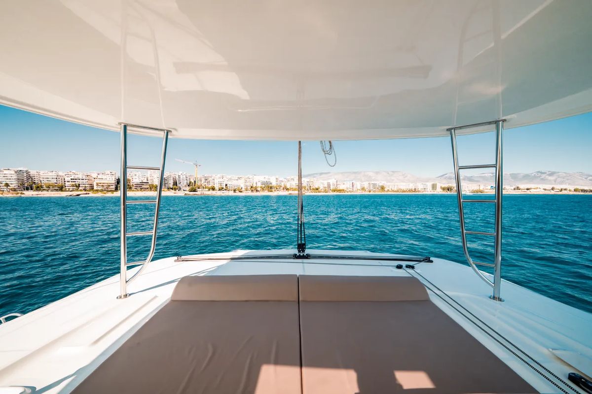Deck of Mary Grace II, a Lagoon 46 catamaran at Athens, Greece