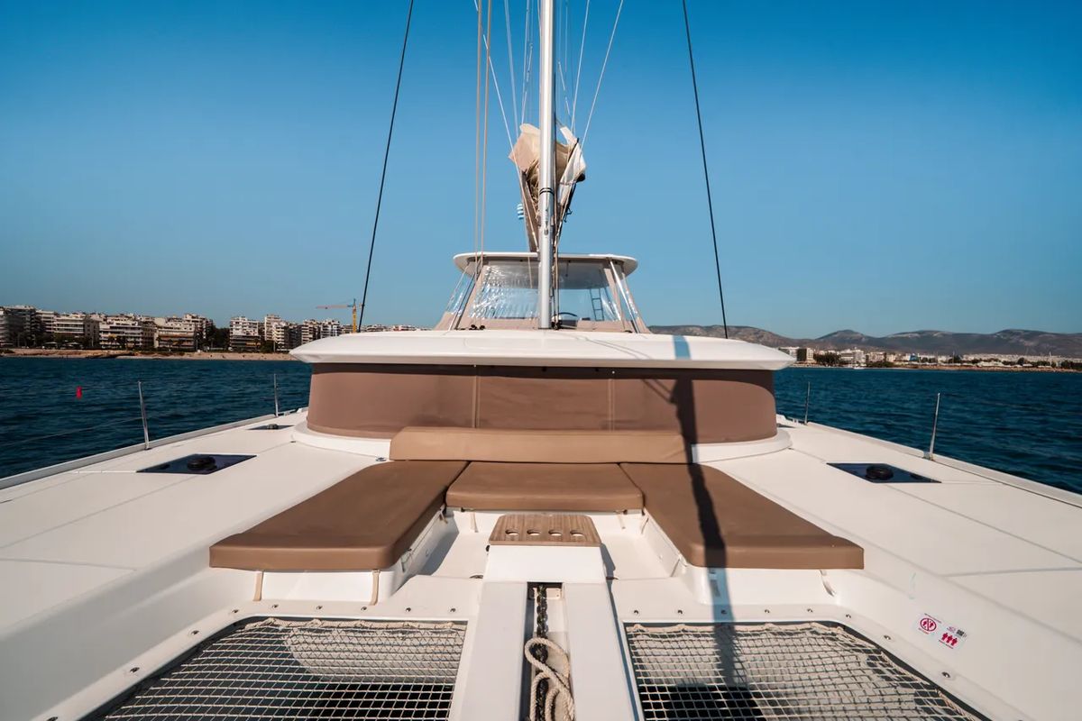 Deck of Mary Grace II, a Lagoon 46 catamaran at Athens, Greece