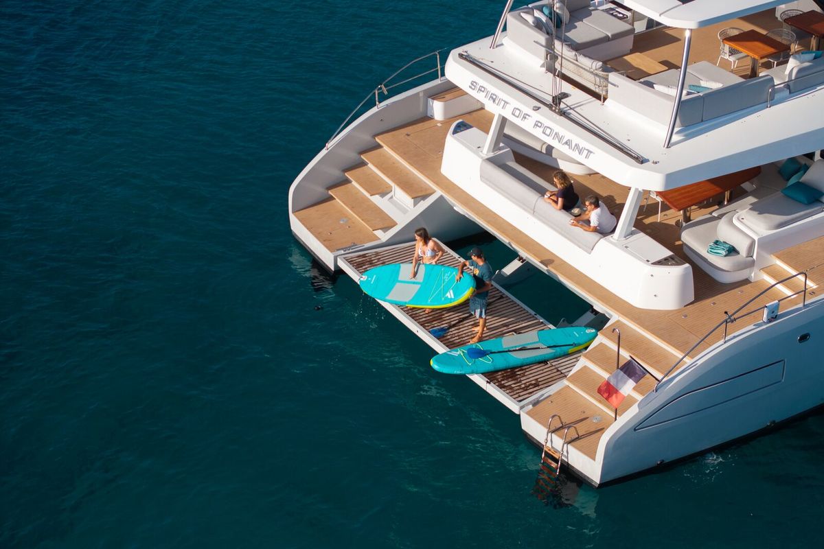 Exterior view of Spirit of Ponant, a Lagoon Seventy 7 catamaran at Seychelles, Mahe, Seychelles