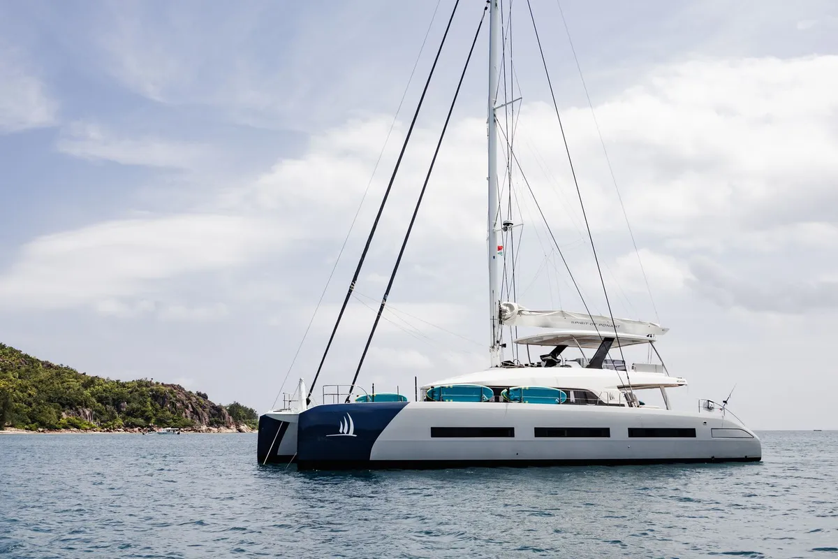 Exterior view of Spirit of Ponant, a Lagoon Seventy 7 catamaran at Seychelles, Mahe, Seychelles