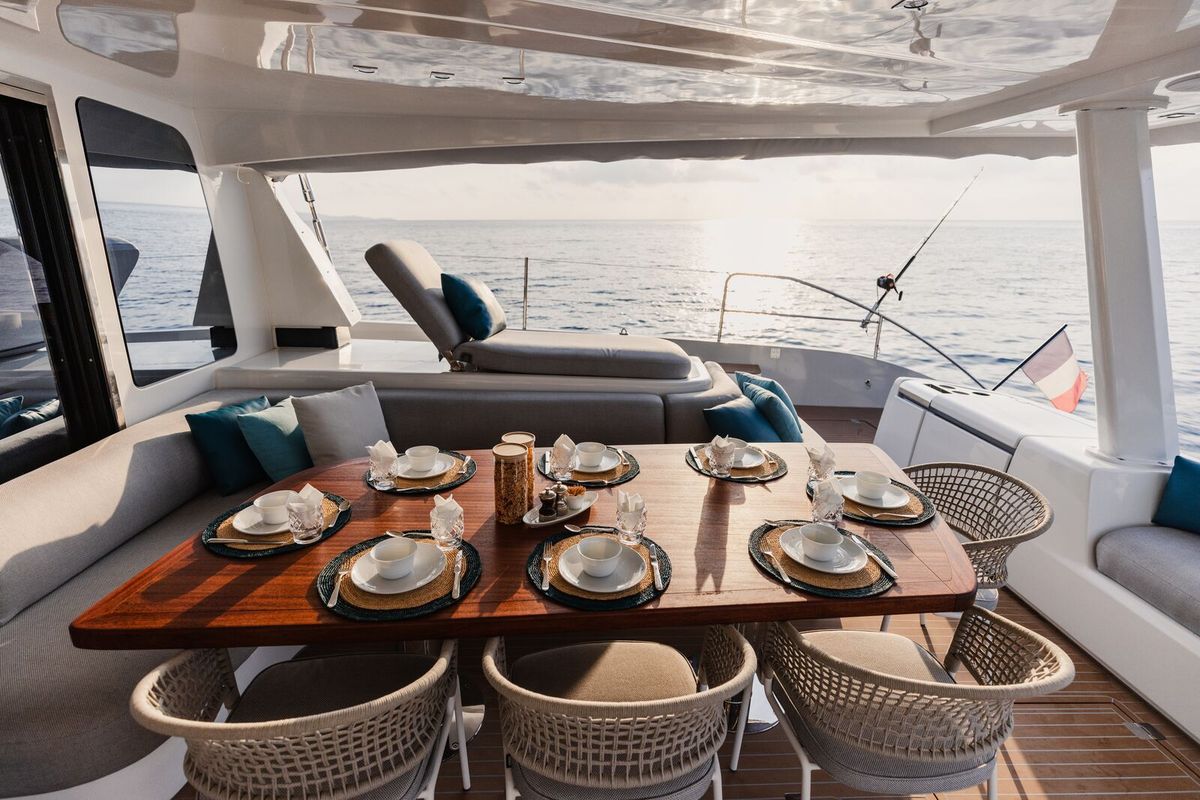 Deck of Spirit of Ponant, a Lagoon Seventy 7 catamaran at Seychelles, Mahe, Seychelles