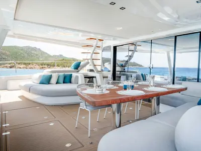Deck of Spirit of Ponant, a Lagoon Seventy 7 catamaran at Seychelles, Mahe, Seychelles