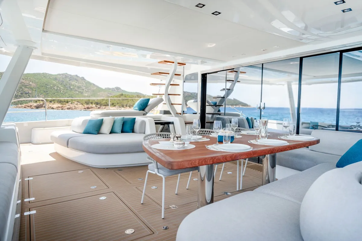 Deck of Spirit of Ponant, a Lagoon Seventy 7 catamaran at Seychelles, Mahe, Seychelles