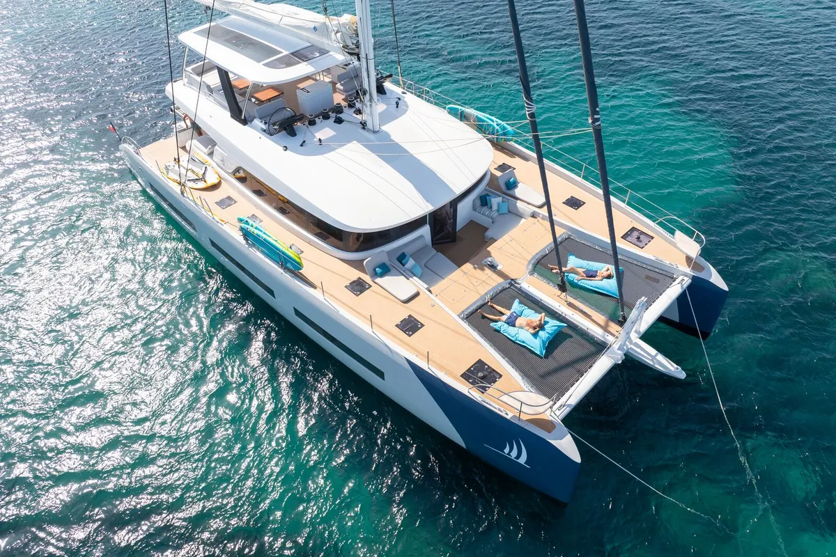 Exterior view of Spirit of Ponant, a Lagoon Seventy 7 catamaran at Seychelles, Mahe, Seychelles