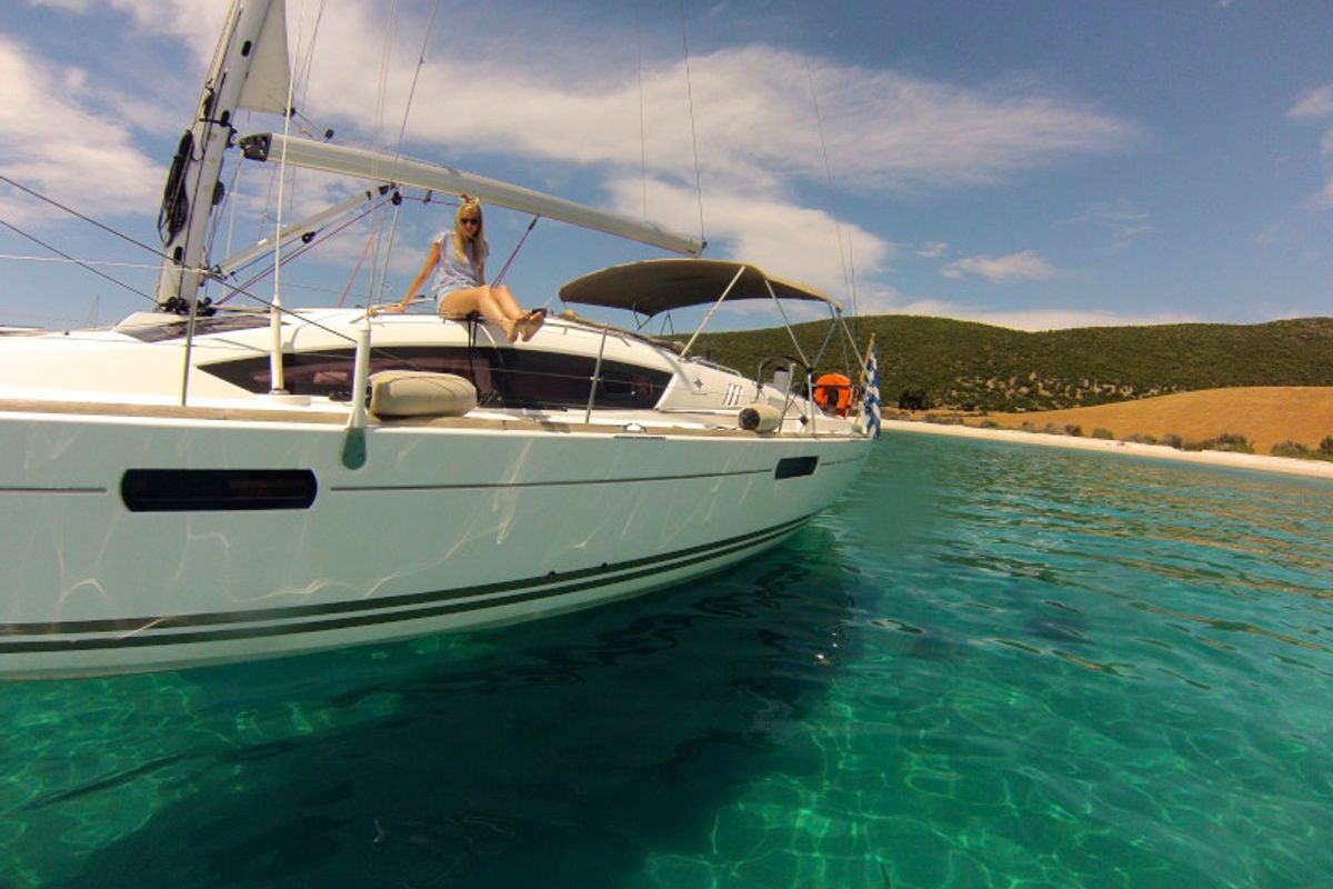 Exterior view of Sweet Alis, a Jeanneau Sun Odyssey 42DS sailboat at Municipal Unit of Lefkada, Greece