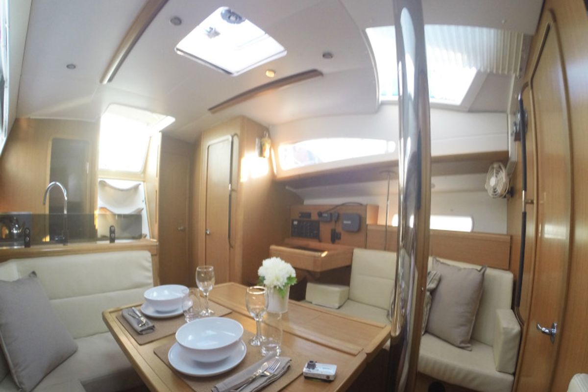 Salon of Sweet Alis, a Jeanneau Sun Odyssey 42DS sailboat at Municipal Unit of Lefkada, Greece