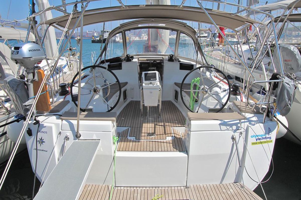 Cockpit of Kronos, a Jeanneau Sun Odyssey 449 sailboat at Lavreotiki Municipal Unit, Greece