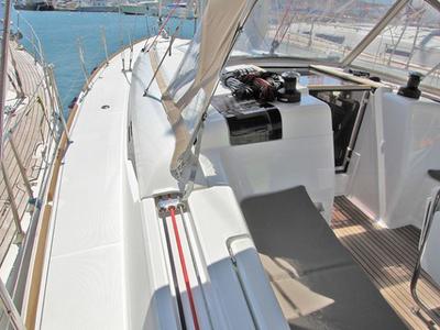 Deck of Kronos, a Jeanneau Sun Odyssey 449 sailboat at Lavreotiki Municipal Unit, Greece