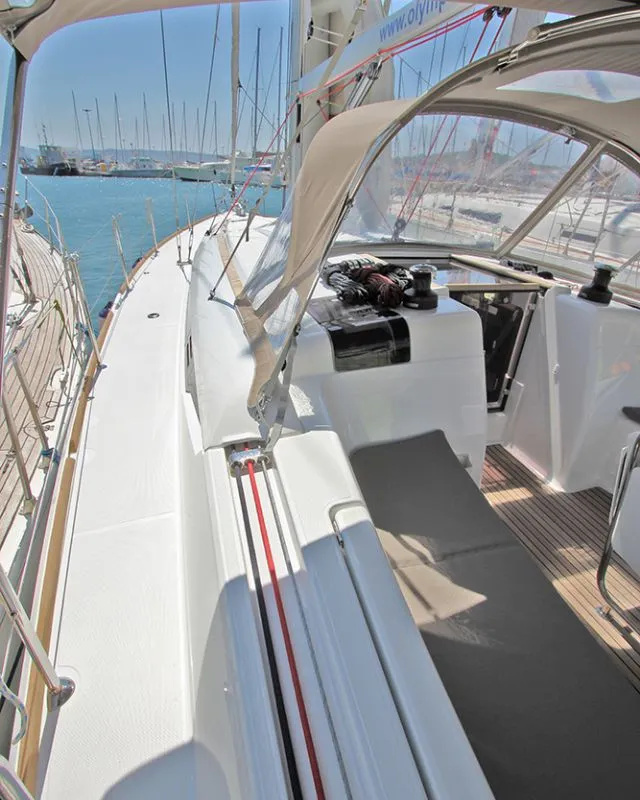 Deck of Kronos, a Jeanneau Sun Odyssey 449 sailboat at Lavreotiki Municipal Unit, Greece