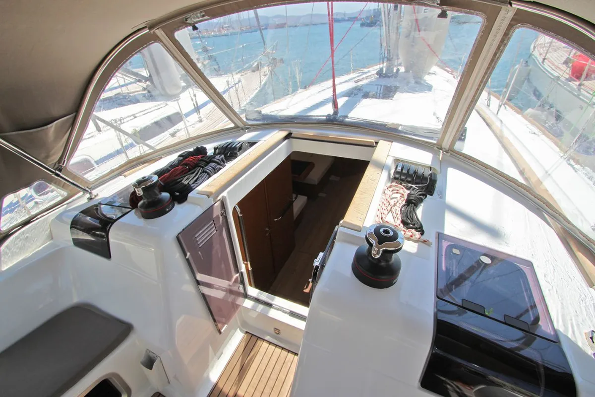 Deck of Kronos, a Jeanneau Sun Odyssey 449 sailboat at Lavreotiki Municipal Unit, Greece