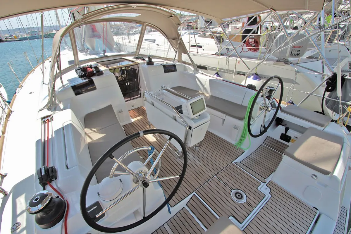 Cockpit of Kronos, a Jeanneau Sun Odyssey 449 sailboat at Lavreotiki Municipal Unit, Greece