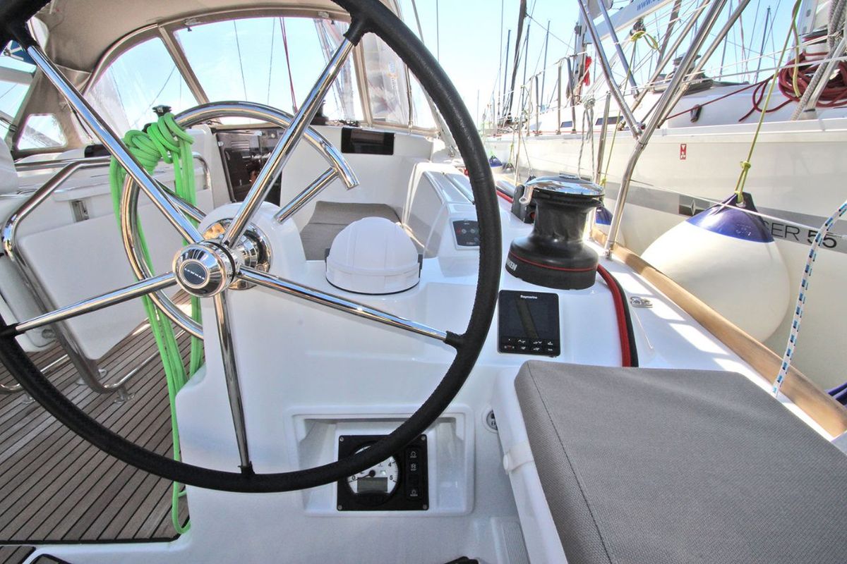 Cockpit of Kronos, a Jeanneau Sun Odyssey 449 sailboat at Lavreotiki Municipal Unit, Greece