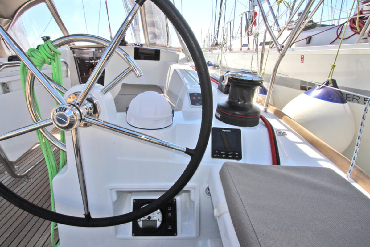 Cockpit of Kronos, a Jeanneau Sun Odyssey 449 sailboat at Lavreotiki Municipal Unit, Greece