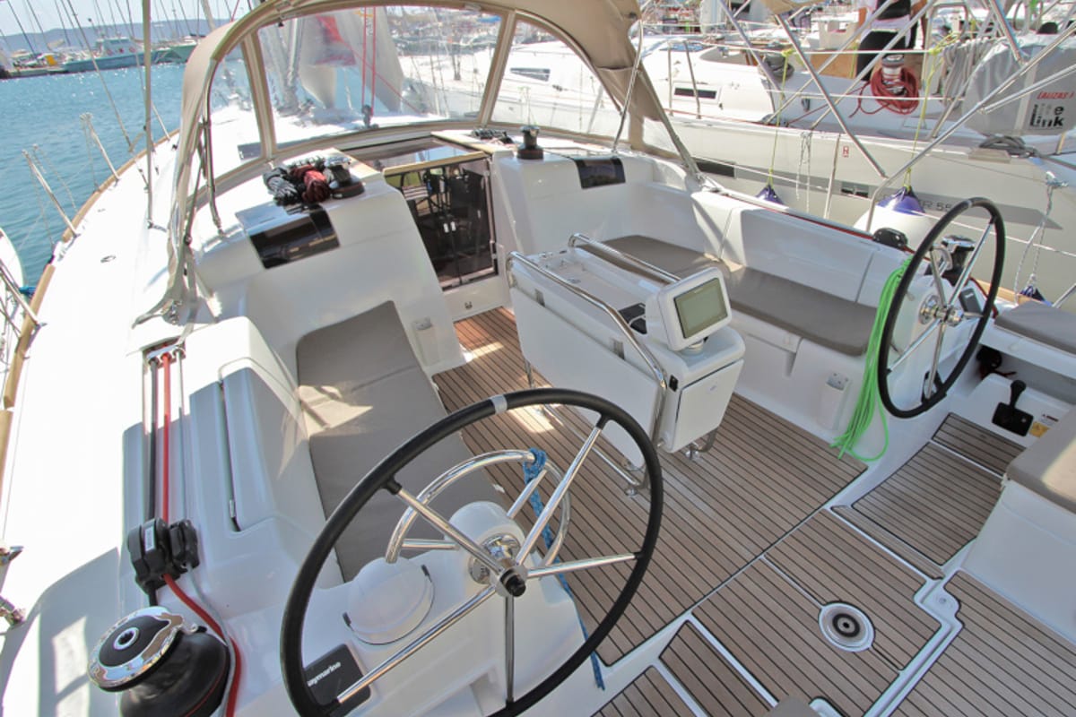 Cockpit of Kronos, a Jeanneau Sun Odyssey 449 sailboat at Lavreotiki Municipal Unit, Greece