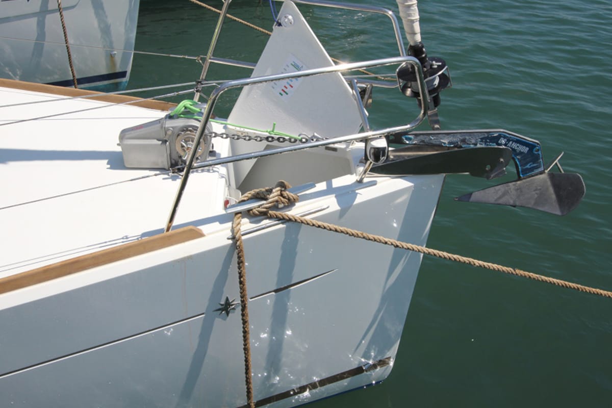 Exterior view of Kronos, a Jeanneau Sun Odyssey 449 sailboat at Lavreotiki Municipal Unit, Greece