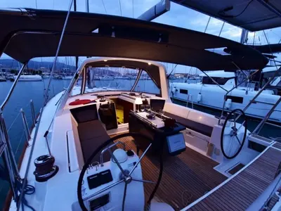 Cockpit of Oceanis 45 Built 2012, a Beneteau Oceanis 45 sailboat at Municipal Unit of Lefkada, Greece