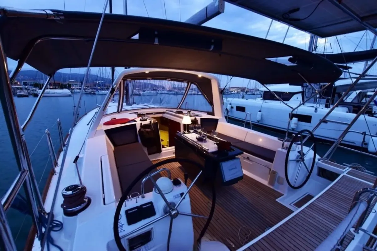 Cockpit of Oceanis 45 Built 2012, a Beneteau Oceanis 45 sailboat at Municipal Unit of Lefkada, Greece