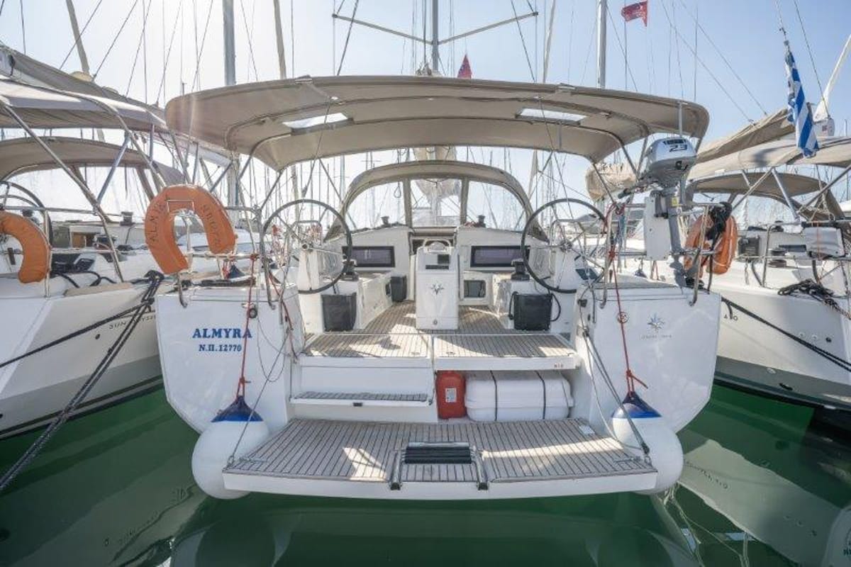 Exterior view of Almyra 440, a Jeanneau Sun Odyssey 440 sailboat at Marpissa, Greece
